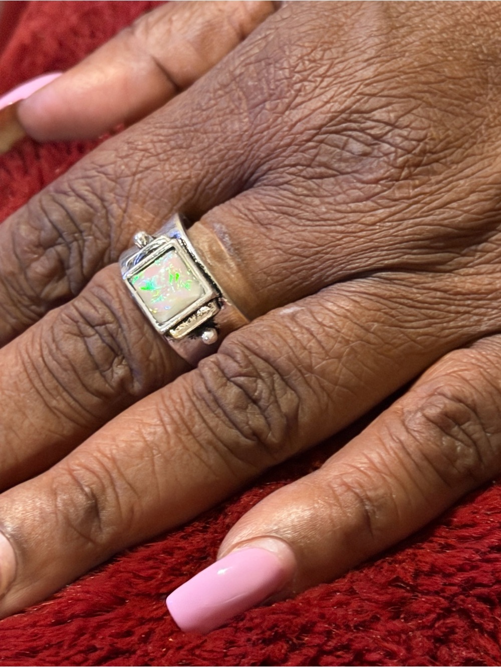 Silver Opal Accent Ring - White Opalescent Stone Size 9